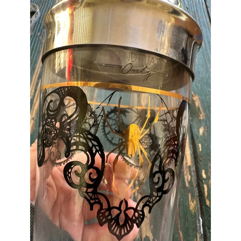 Gothic Spiderweb Glass Cocktail Shaker Gold Spider Black Lace Filigree Halloween